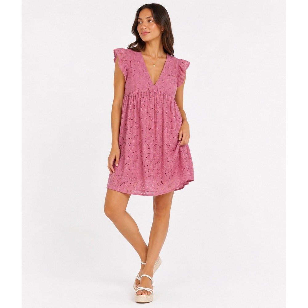 Molly Bracken Eyelet Mini Dress Womens L Pink‎ Ruffle Sleeve V-Neck Cottagecore